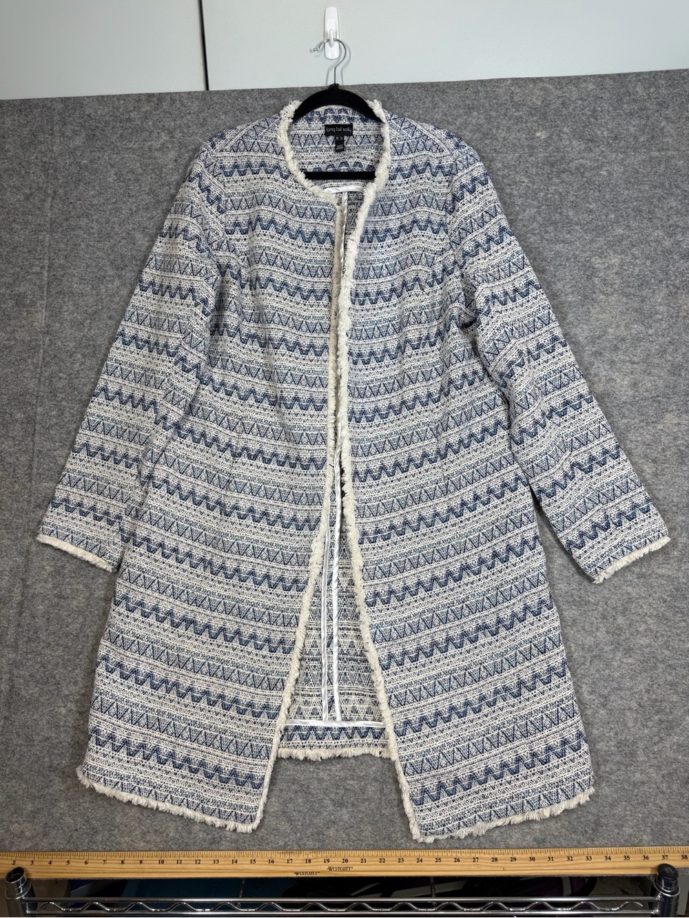 Long Tall Sally Blue White Textured Long Cardigan Size 16 Boho Coastal Duster